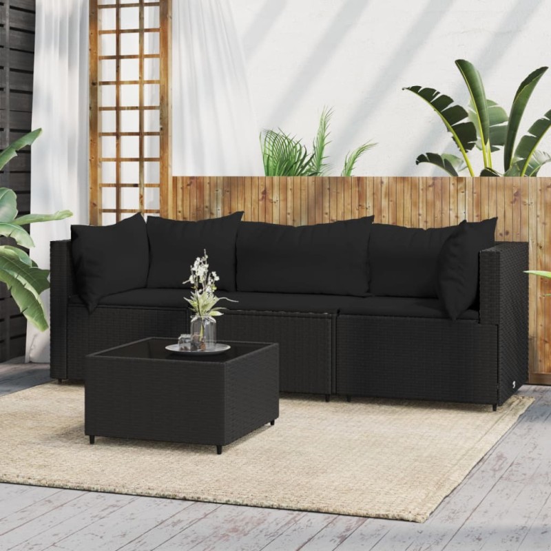 vidaXL Set Divani da Giardino 4 pz con Cuscini Nero in Polyrattan vidaXL Set Divani da Giardino 4 pz con Cuscini Nero in Polyrattan