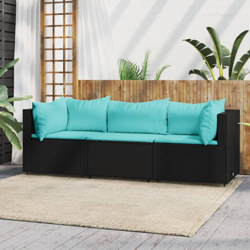 vidaXL Set Divani da Giardino 3 pz con Cuscini Nero in Polyrattan vidaXL Set Divani da Giardino 3 pz con Cuscini Nero in Polyrattan