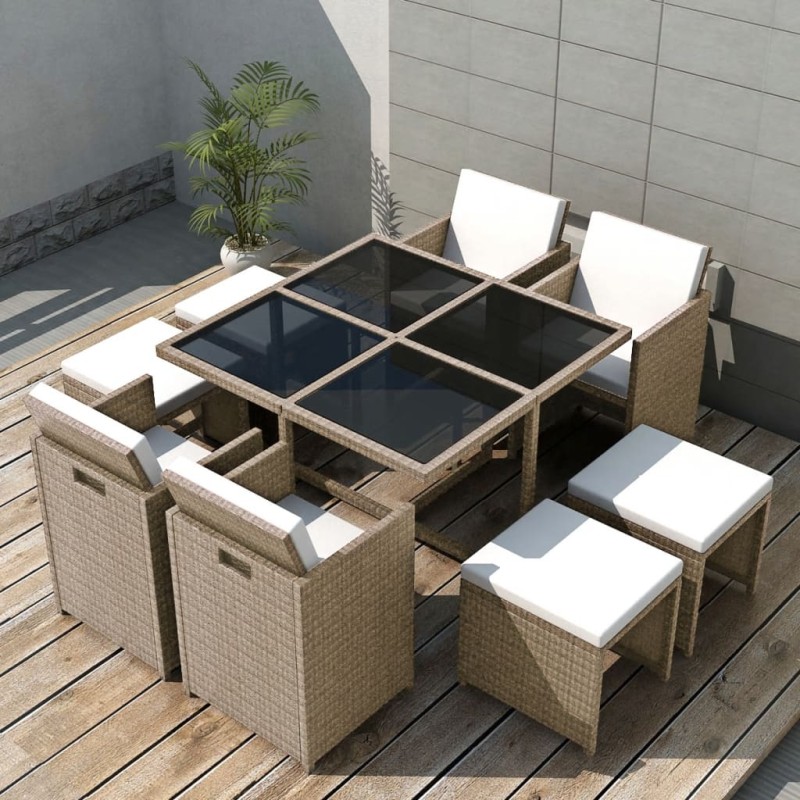 vidaXL Set da Pranzo da Giardino 9 pz con Cuscini in Polyrattan Beige vidaXL Set da Pranzo da Giardino 9 pz con Cuscini in Polyrattan Beige