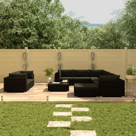 vidaXL Set Divani da Giardino 10 pz con Cuscini in Polyrattan Nero