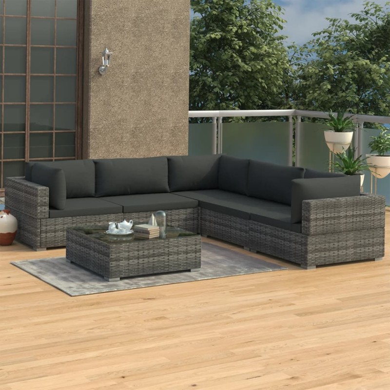 vidaXL Set Divani da Giardino 6 pz con Cuscini in Polyrattan Grigio vidaXL Set Divani da Giardino 6 pz con Cuscini in Polyrattan Grigio
