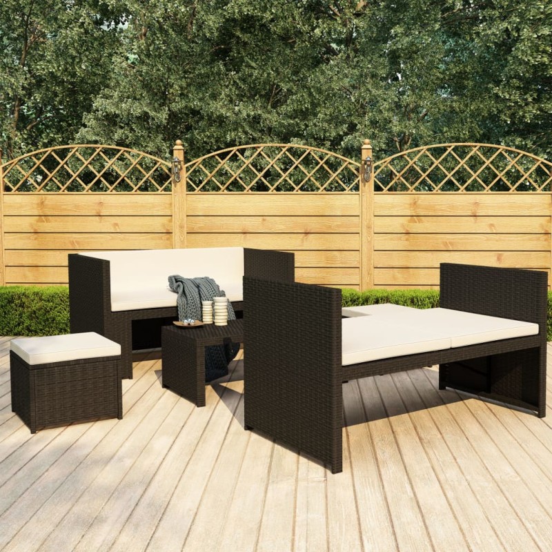 vidaXL Set Divani da Giardino 5 pz con Cuscini in Polyrattan Nero vidaXL Set Divani da Giardino 5 pz con Cuscini in Polyrattan Nero