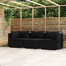 Divano a 3 Posti con Cuscini in Polyrattan Nero