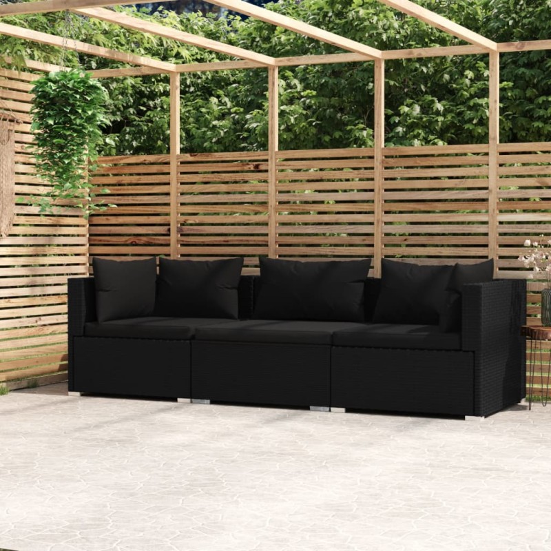 Divano a 3 Posti con Cuscini in Polyrattan Nero Divano a 3 Posti con Cuscini in Polyrattan Nero