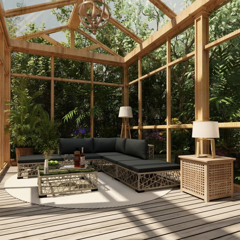 vidaXL Set Divani da Giardino 6 pz con Cuscini in Polyrattan Grigio vidaXL Set Divani da Giardino 6 pz con Cuscini in Polyrattan Grigio