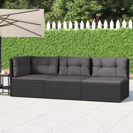 vidaXL Set Divani da Giardino 3 pz con Cuscini Nero in Polyrattan