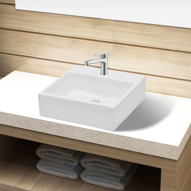 Lavandino Bagno in Ceramica Bianca Quadrato con Foro Rubinetto Lavandino Bagno in Ceramica Bianca Quadrato con Foro Rubinetto