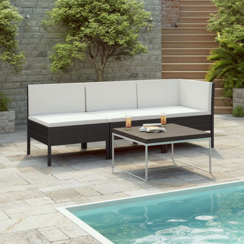 vidaXL Set Divani da Giardino 3 pz con Cuscini in Polyrattan Nero vidaXL Set Divani da Giardino 3 pz con Cuscini in Polyrattan Nero