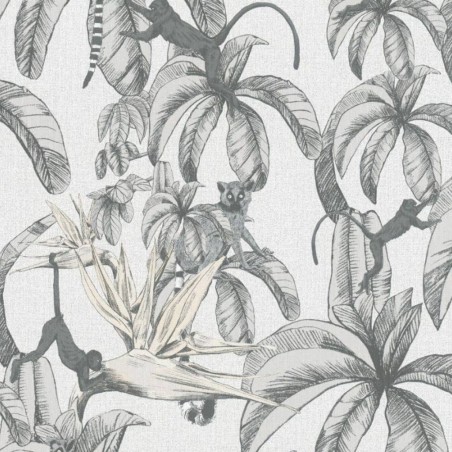 Topchic Carta da Parati Monkey Jungle Leaves Grigio e Nero