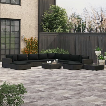 vidaXL Set Divani da Giardino 12 pz con Cuscini in Polyrattan Nero