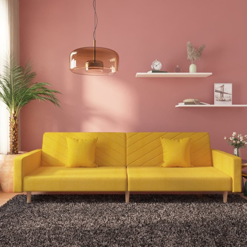 vidaXL Divano Letto a 2 Posti con 2 Cuscini Giallo in Tessuto vidaXL Divano Letto a 2 Posti con 2 Cuscini Giallo in Tessuto