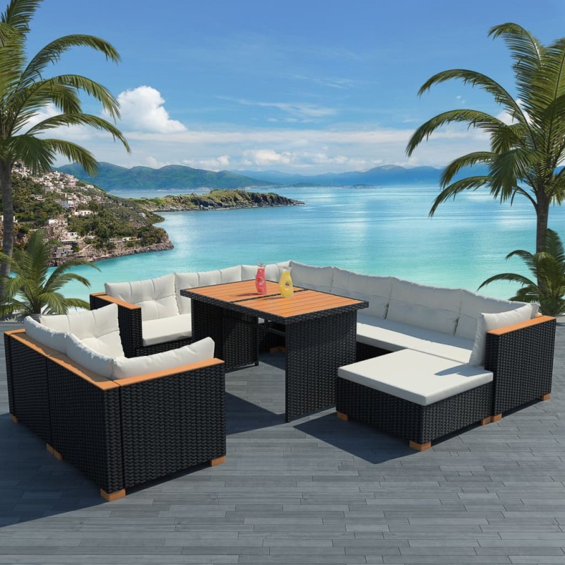 vidaXL Set Divani da Giardino 10 pz con Cuscini in Polyrattan Nero vidaXL Set Divani da Giardino 10 pz con Cuscini in Polyrattan Nero