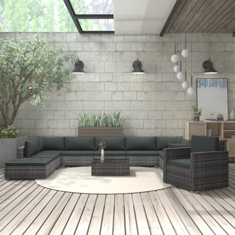 vidaXL Set Divani da Giardino 11 pz con Cuscini in Polyrattan Grigio