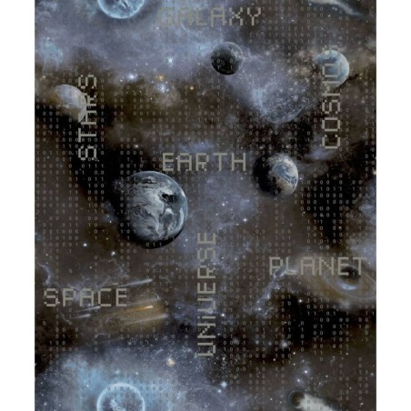 Good Vibes Carta da Parati Galaxy Planets and Text Blu e Nera