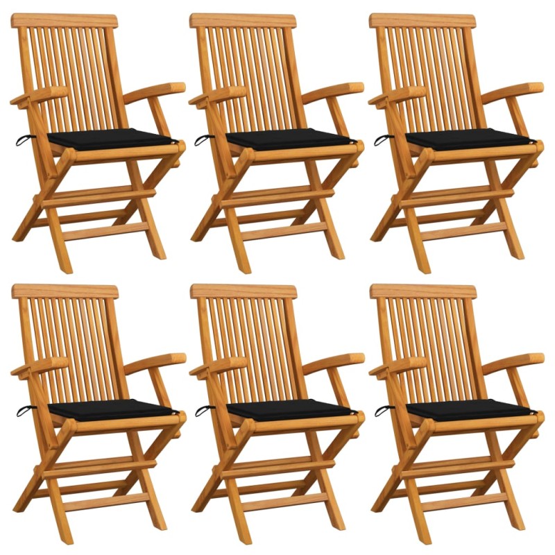 vidaXL Sedie da Giardino con Cuscini Neri 6 pz in Massello di Teak vidaXL Sedie da Giardino con Cuscini Neri 6 pz in Massello di Teak