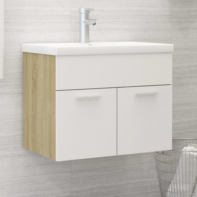 vidaXL Mobile da Bagno con Lavabo Bianco e Rovere Sonoma in Truciolato vidaXL Mobile da Bagno con Lavabo Bianco e Rovere Sonoma in Truciolato