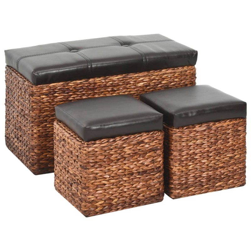vidaXL Panca e 2 Pouf in Giunco Marrone e Nero vidaXL Panca e 2 Pouf in Giunco Marrone e Nero