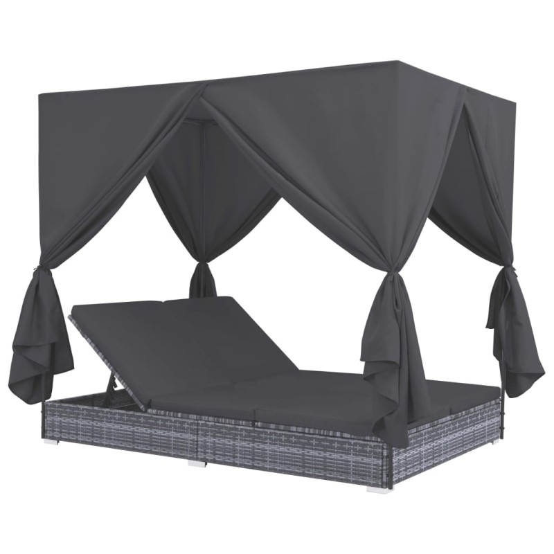 vidaXL Lettino Prendisole con Tende in Polyrattan Grigio vidaXL Lettino Prendisole con Tende in Polyrattan Grigio