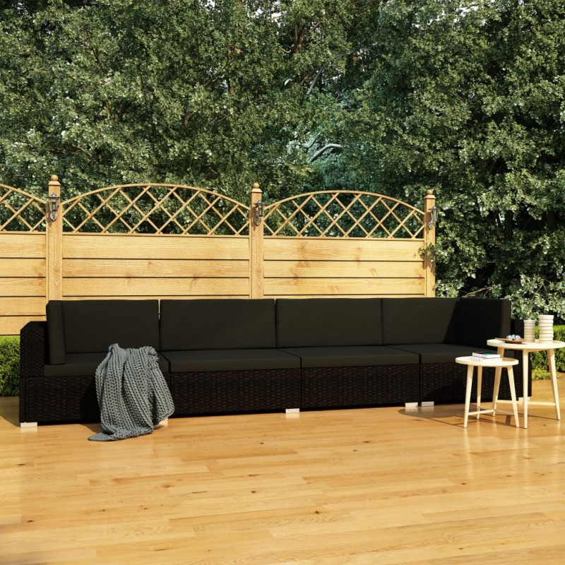 vidaXL Set Divani da Giardino 4 pz con Cuscini in Polyrattan Nero vidaXL Set Divani da Giardino 4 pz con Cuscini in Polyrattan Nero