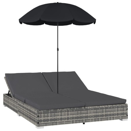 vidaXL Lettino Prendisole con Ombrellone in Polyrattan Grigio