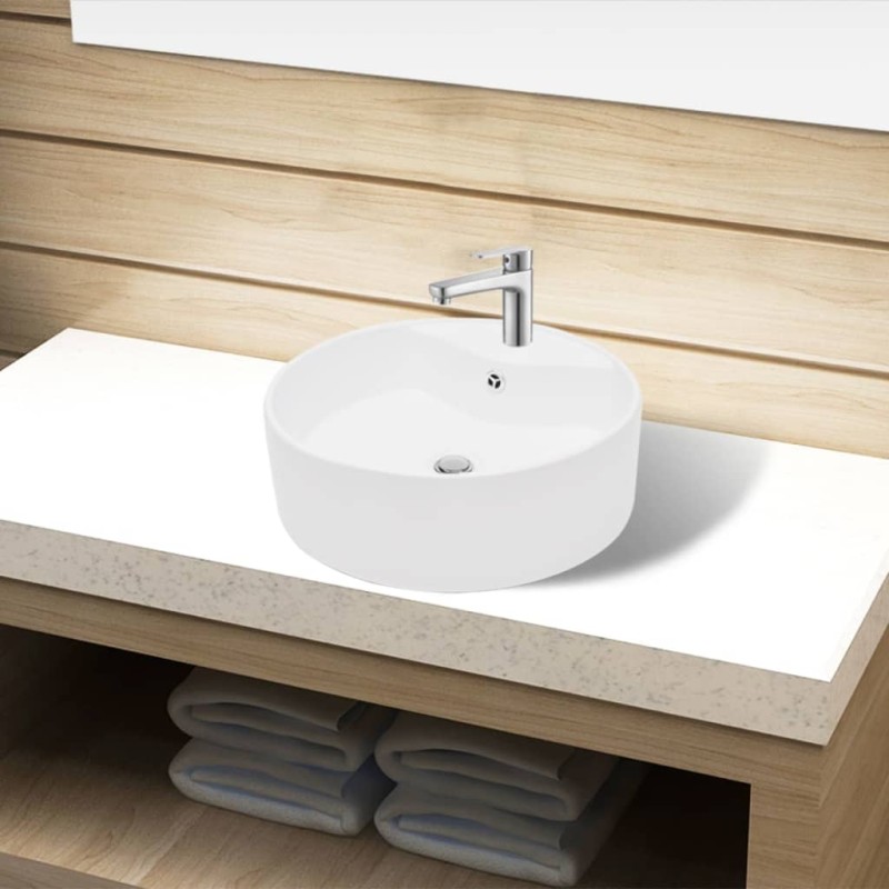 Lavandino bagno in Ceramica bianca rotondo con Foro di trabocco Lavandino bagno in Ceramica bianca rotondo con Foro di trabocco