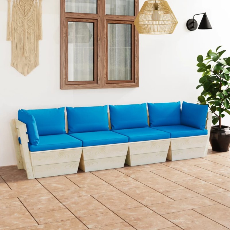 Divano da Giardino a 4 Posti su Pallet con Cuscini Legno Abete Divano da Giardino a 4 Posti su Pallet con Cuscini Legno Abete