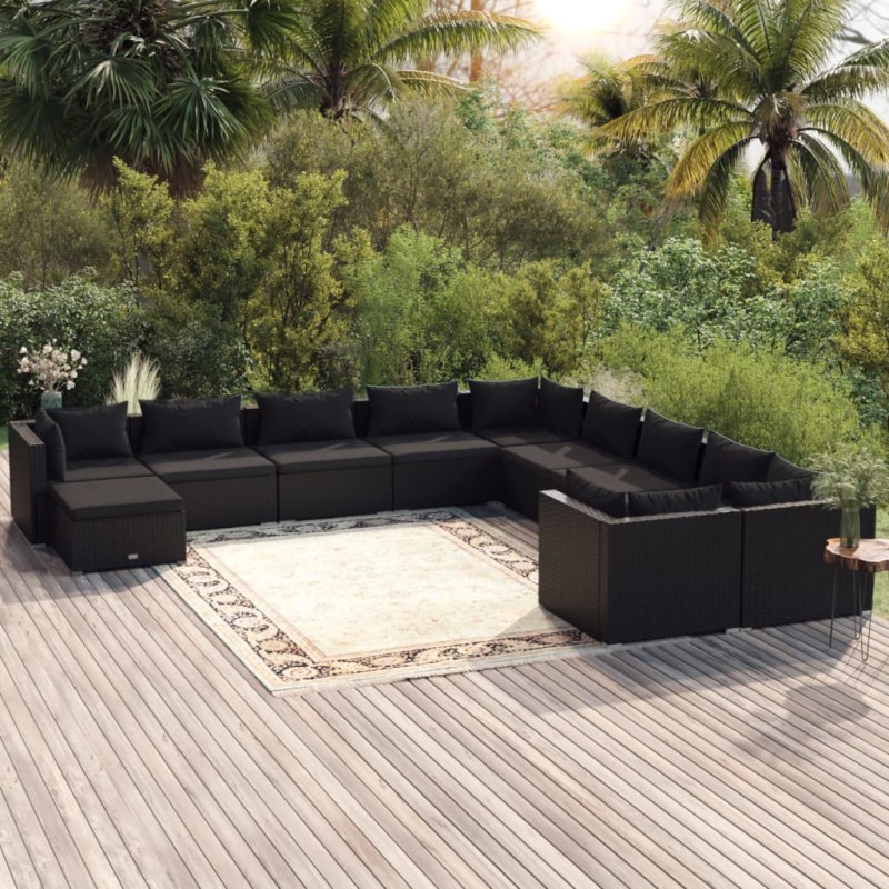 Set Divani da Giardino 11 pz con Cuscini in Polyrattan Nero