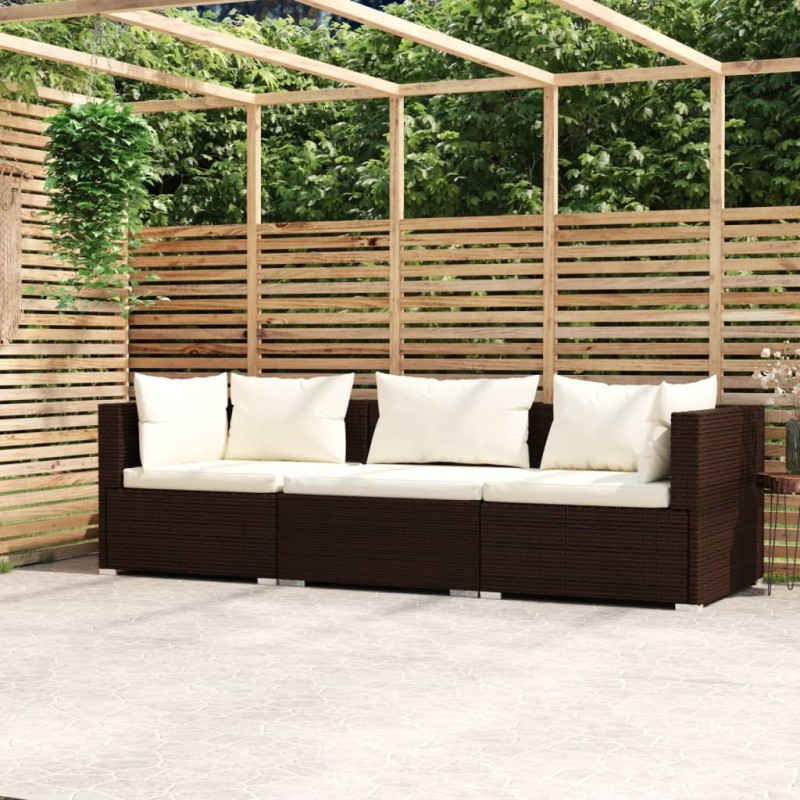 Divano a 3 Posti con Cuscini in Polyrattan Marrone Divano a 3 Posti con Cuscini in Polyrattan Marrone