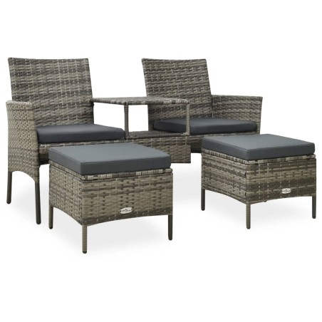 vidaXL Divano da Giardino a 2 Posti Tavolino e Pouf Polyrattan Grigio