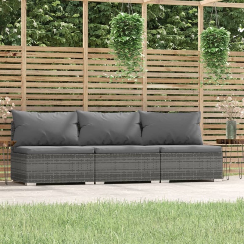 vidaXL Divano a 3 Posti con Cuscini in Polyrattan Grigio vidaXL Divano a 3 Posti con Cuscini in Polyrattan Grigio