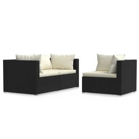 vidaXL Set Divani da Giardino 3 pz con Cuscini in Polyrattan Nero
