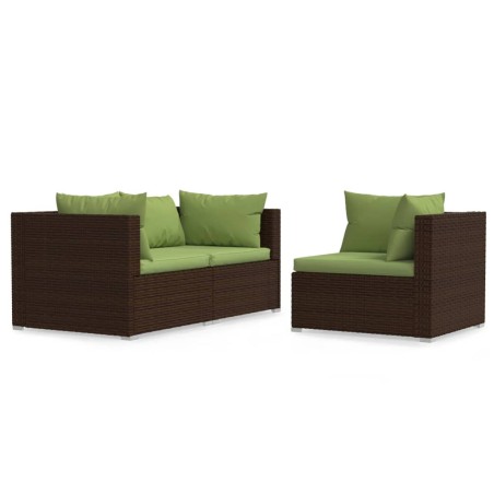 vidaXL Set Divano da Giardino 3 pz con Cuscini in Polyrattan Marrone
