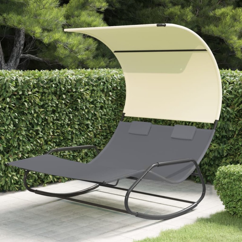 vidaXL Lettino Prendisole Doppio a Dondolo Baldacchino Grigio e Crema vidaXL Lettino Prendisole Doppio a Dondolo Baldacchino Grigio e Crema