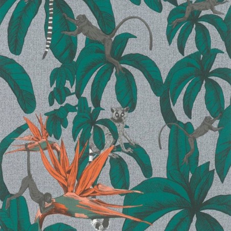Topchic Carta da Parati Monkey Jungle Leaves Verde Grigio Arancione