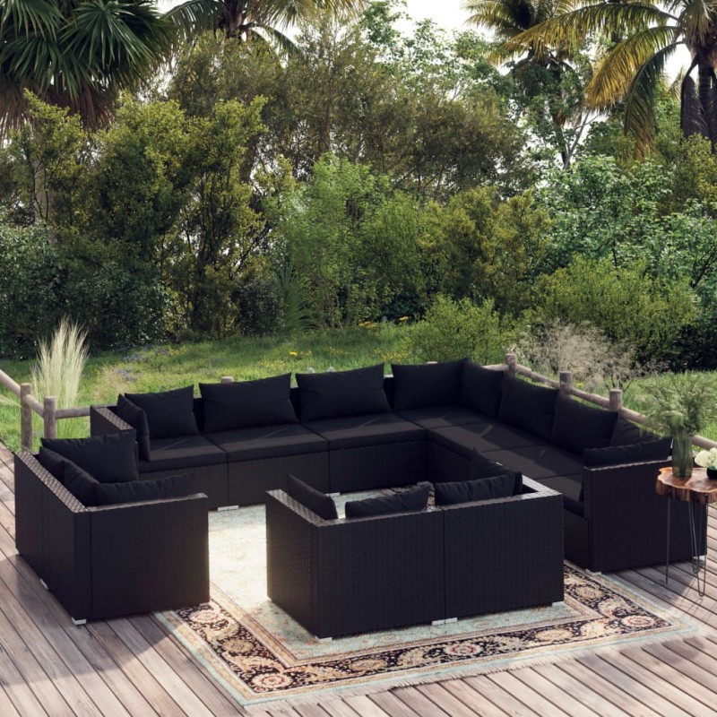 Set Divani da Giardino 11 pz con Cuscini in Polyrattan Nero Set Divani da Giardino 11 pz con Cuscini in Polyrattan Nero