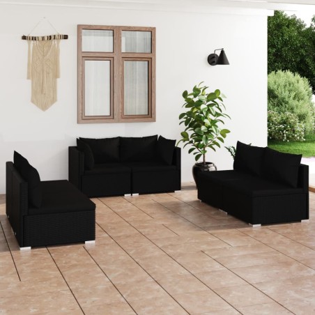 Set Divani da Giardino 6 pz con Cuscini in Polyrattan Nero