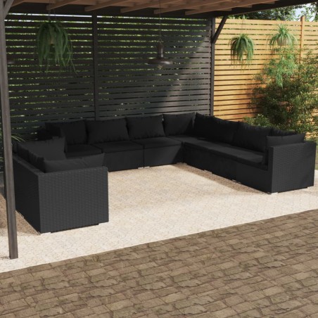 Set Salotto da Giardino con Cuscini 9pz Nero in Polyrattan