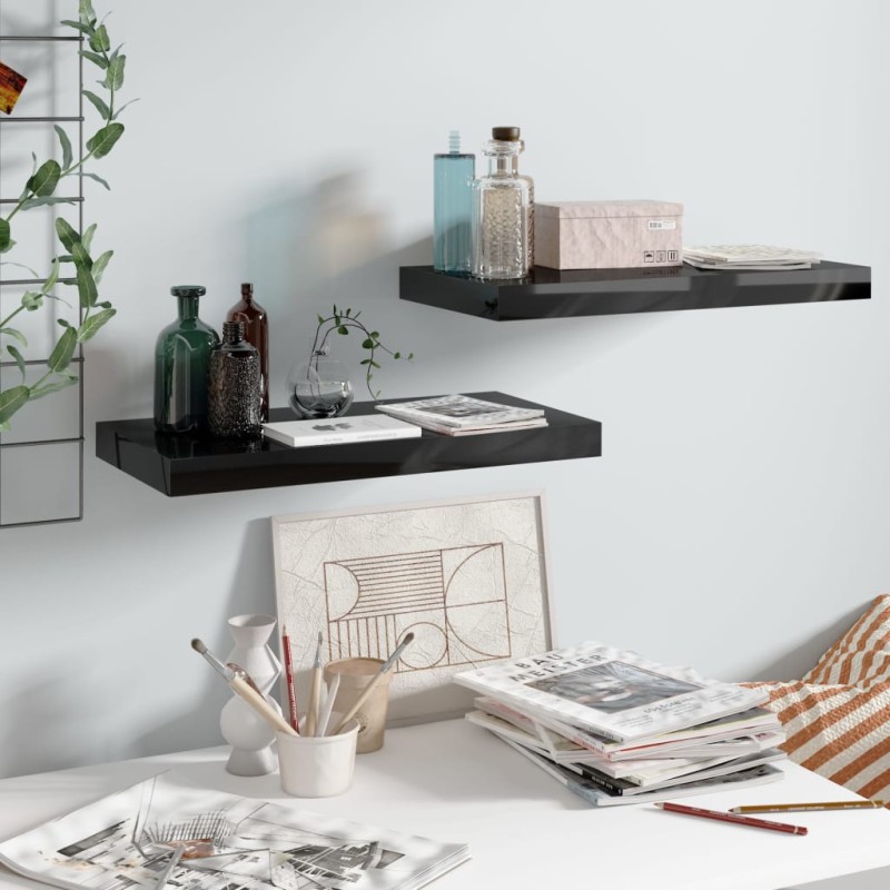 vidaXL Scaffali a Parete 2 pz Nero Lucido 50x23x3,8 cm in MDF vidaXL Scaffali a Parete 2 pz Nero Lucido 50x23x3,8 cm in MDF
