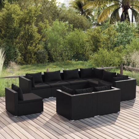 Set Divani da Giardino 9 pz con Cuscini in Polyrattan Nero