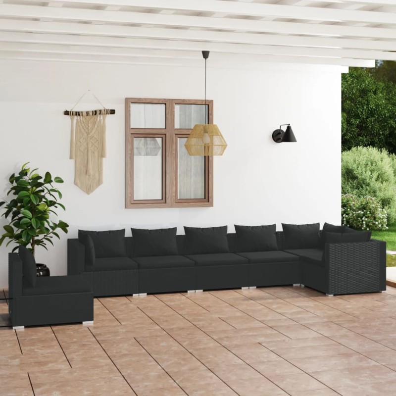 Set Divani da Giardino 7 pz con Cuscini in Polyrattan Nero