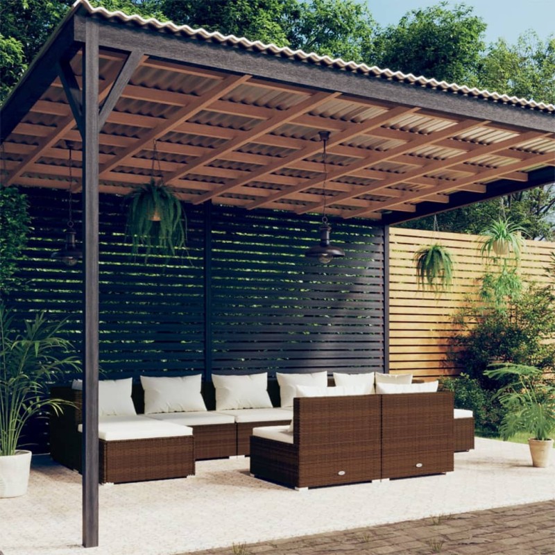 Set Divani da Giardino 9 pz con Cuscini in Polyrattan Marrone Set Divani da Giardino 9 pz con Cuscini in Polyrattan Marrone