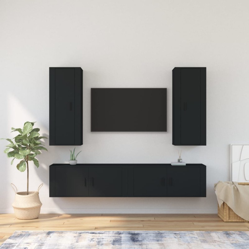 Set Mobili Porta TV 4 pz Nero in Legno Multistrato Set Mobili Porta TV 4 pz Nero in Legno Multistrato