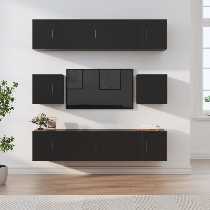 Set Mobili Porta TV 8pz Nero in Legno Multistrato Set Mobili Porta TV 8pz Nero in Legno Multistrato