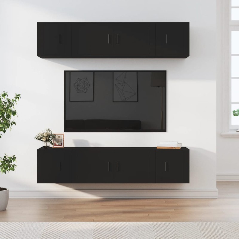 Set Mobili Porta TV 6 pz Nero in Legno Multistrato Set Mobili Porta TV 6 pz Nero in Legno Multistrato