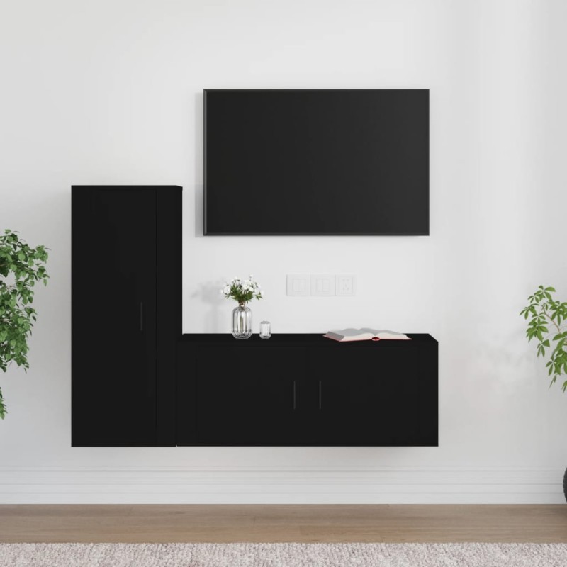 Set Mobili Porta TV 2 pz Nero in Legno Multistrato Set Mobili Porta TV 2 pz Nero in Legno Multistrato