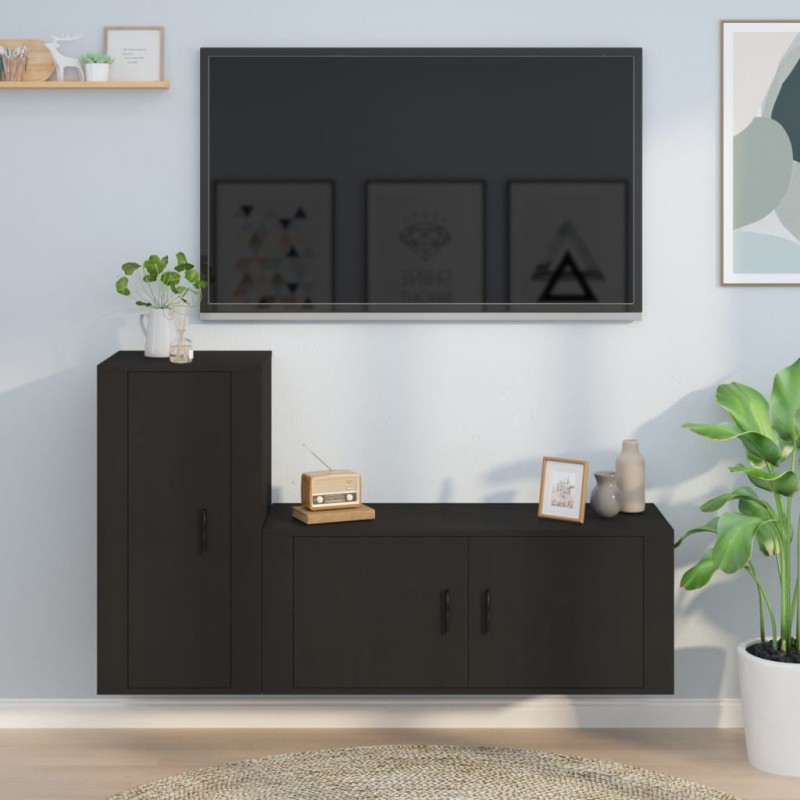 Set Mobili Porta TV 2 pz Nero in Legno Multistrato Set Mobili Porta TV 2 pz Nero in Legno Multistrato