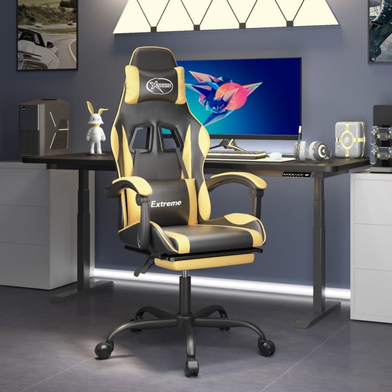 Sedia da Gaming Girevole con Poggiapiedi Nero e Oro Similpelle Sedia da Gaming Girevole con Poggiapiedi Nero e Oro Similpelle