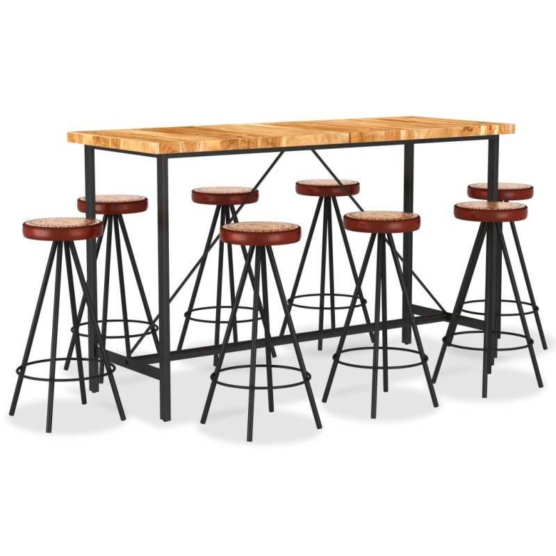vidaXL Set per Bar 9 pz in Legno Massello di Acacia Vera Pelle e Tela vidaXL Set per Bar 9 pz in Legno Massello di Acacia Vera Pelle e Tela
