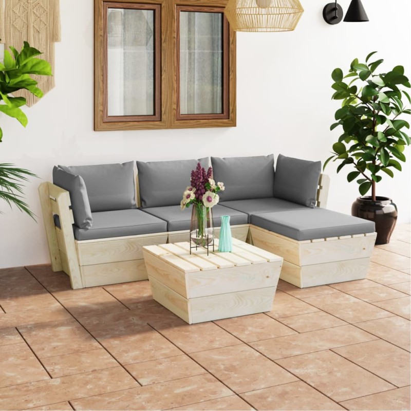 vidaXL Set Divani da Giardino su Pallet 5 pz con Cuscini Legno Abete vidaXL Set Divani da Giardino su Pallet 5 pz con Cuscini Legno Abete