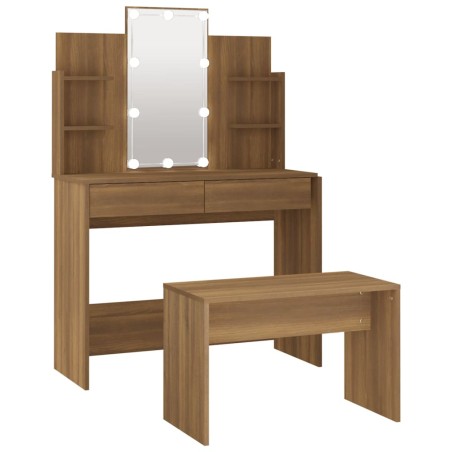 vidaXL Set Tavolo da Toeletta con LED Rovere Marrone Legno Multistrato